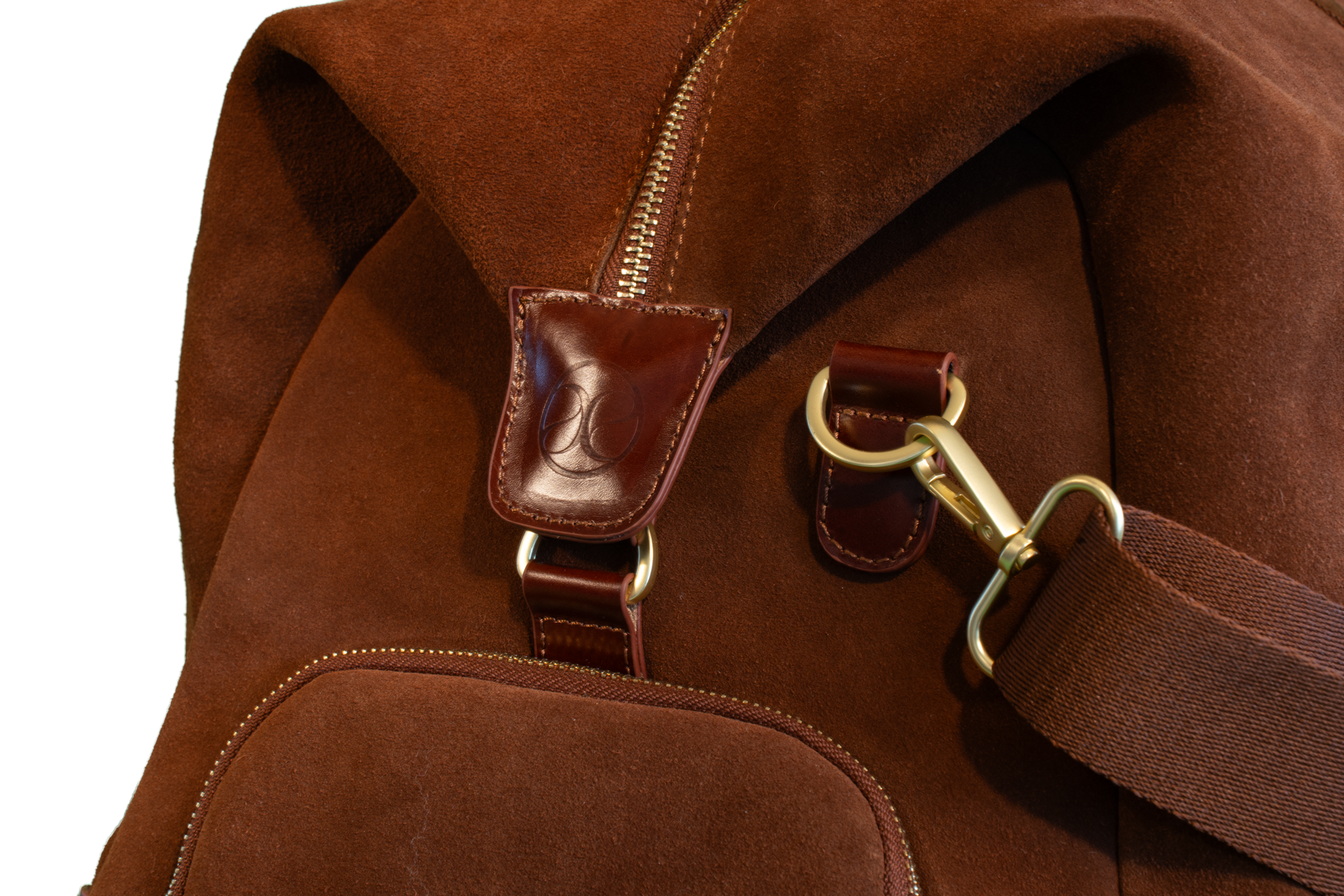 zipper and hardware detail of Heritage Suede Bag